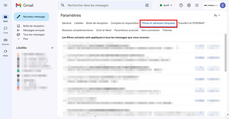 Onglet Filtres et adresses bloquées
